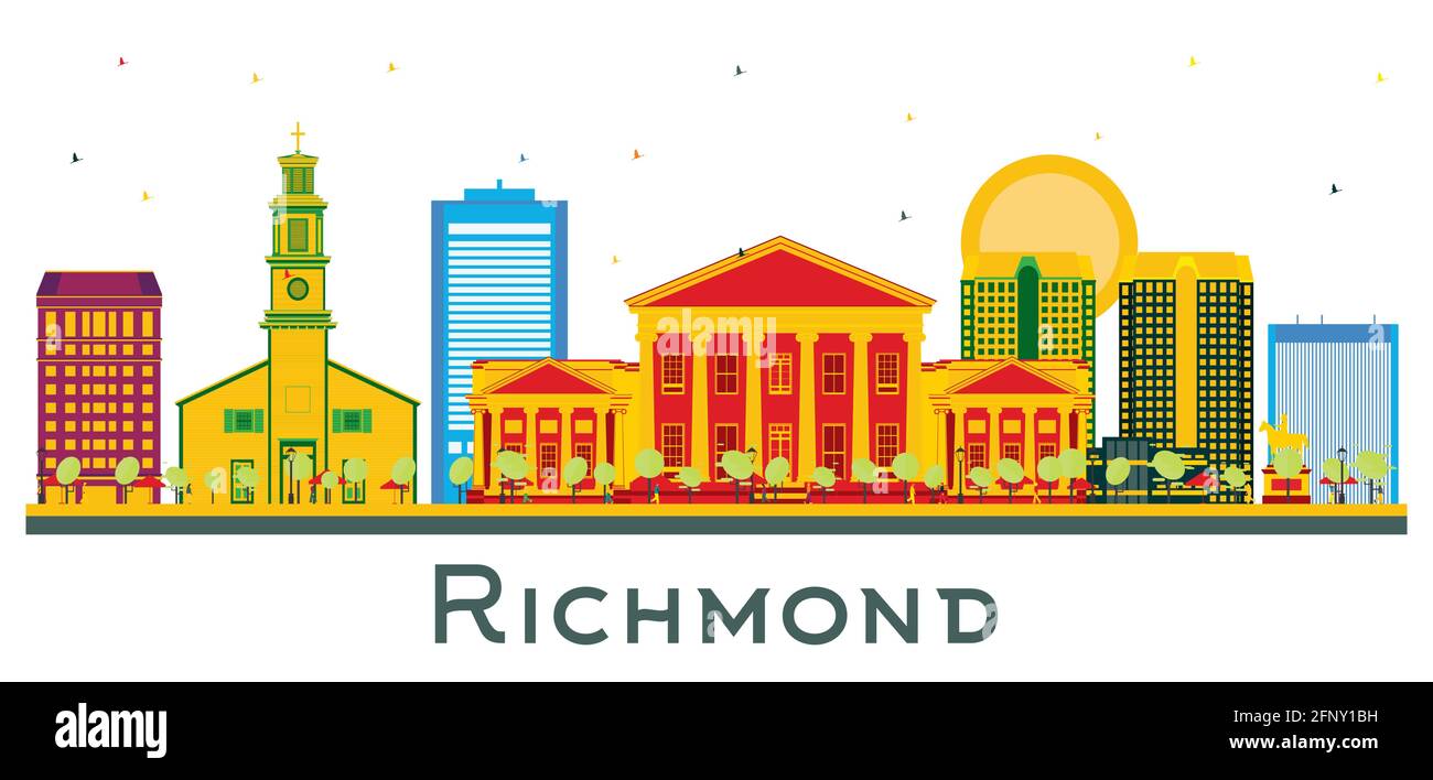 Richmond, Virginia, USA, skyline della città con edifici a colori isolati in bianco. Illustrazione vettoriale. Concetto di viaggio d'affari e turismo. Illustrazione Vettoriale