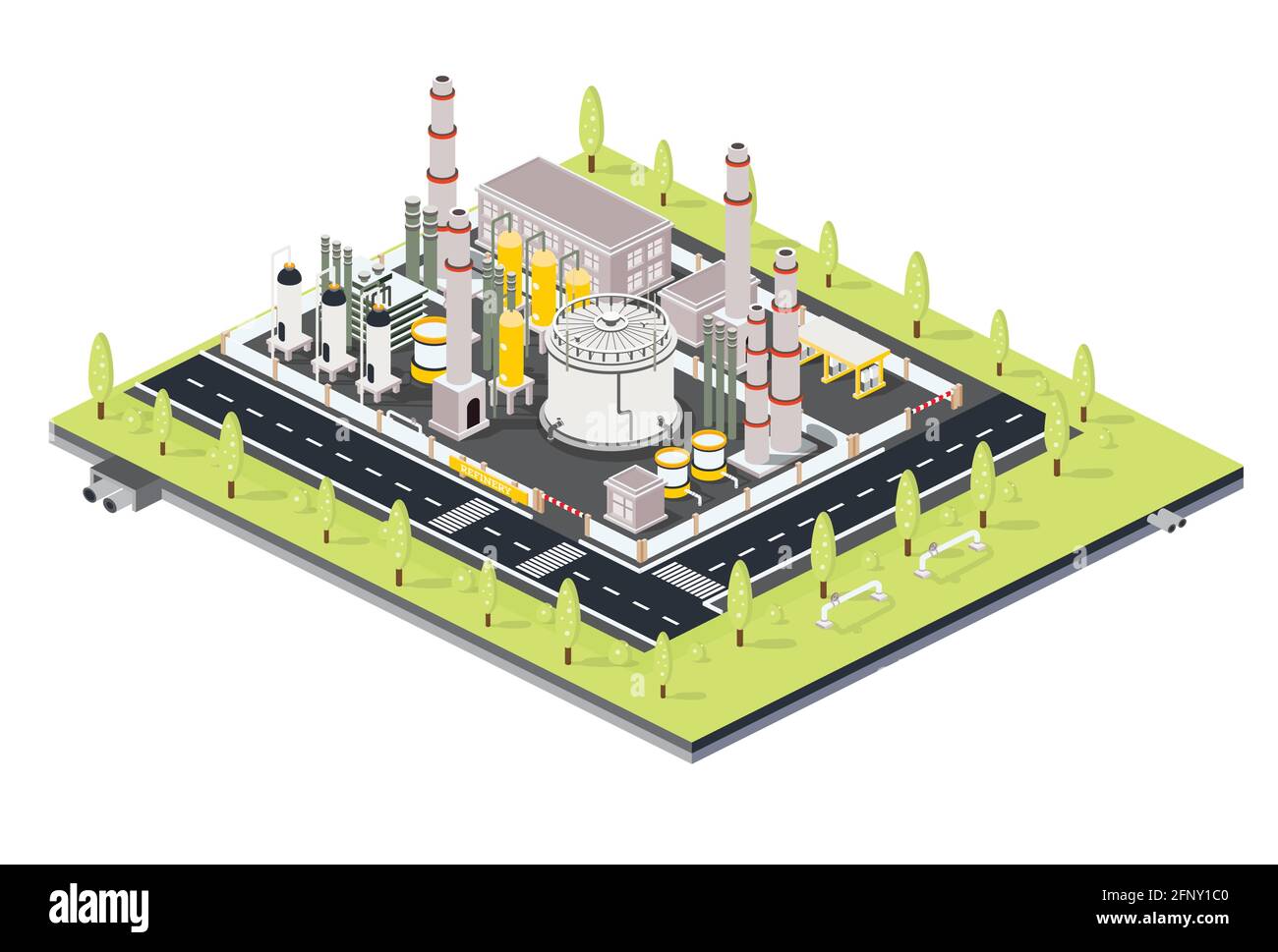Impianto di raffineria isometrica con tubi. Zona industriale petrolifera con elementi infrastrutturali. Illustrazione vettoriale. Area di fabbrica con serbatoi dell'olio. Illustrazione Vettoriale