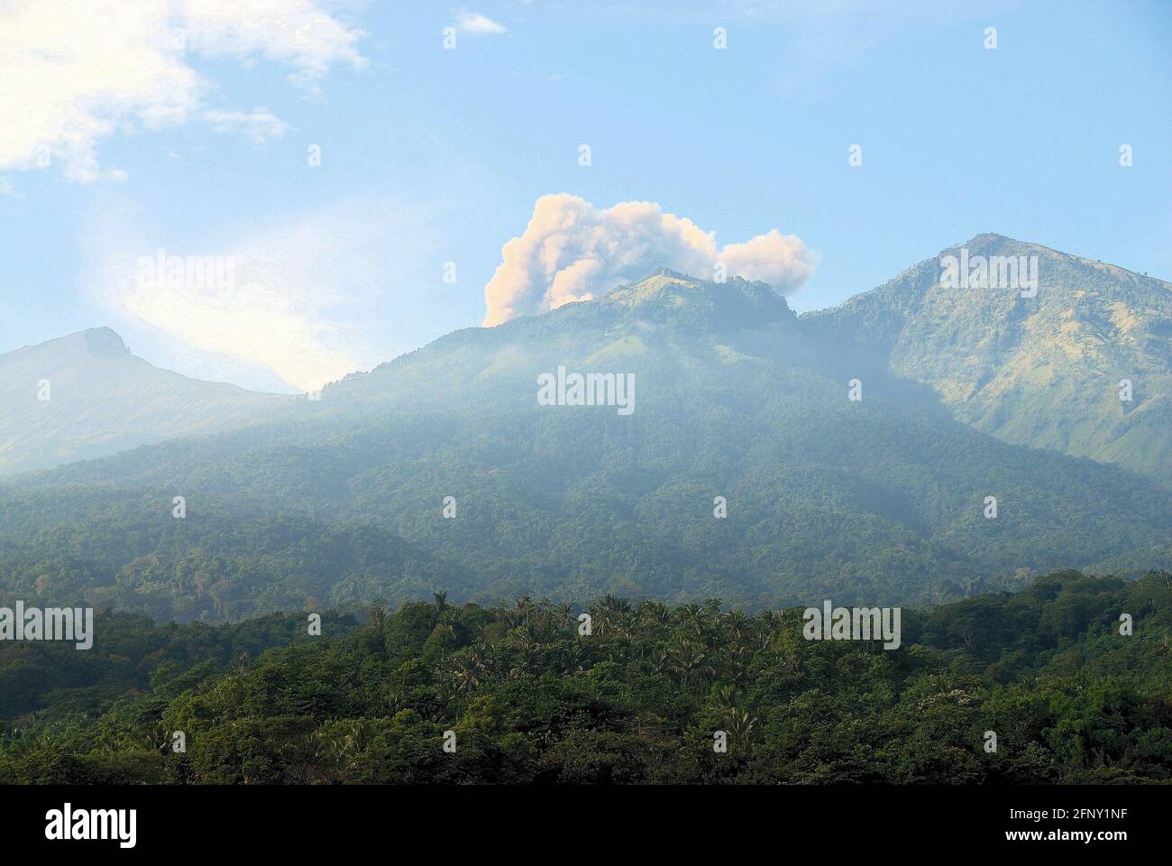 Le giungle di Lombok con fumo proveniente dal vulcano sul Monte Rinjani, Indonesia. Foto Stock