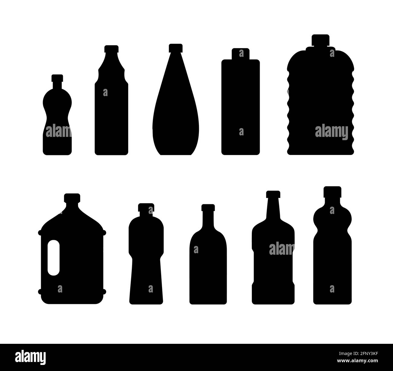 Icona bottiglia d'acqua in plastica. Set per bevande con contenitore per liquidi blu, silhouette per biberon. Bottiglie di cartone animato d'acqua Illustrazione Vettoriale