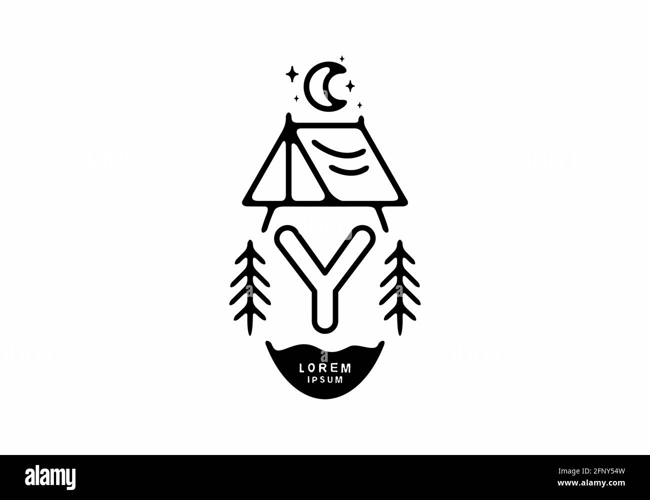 Illustrazione di una tenda da campeggio in linea nera con simbolo Y disegno di lettera Illustrazione Vettoriale