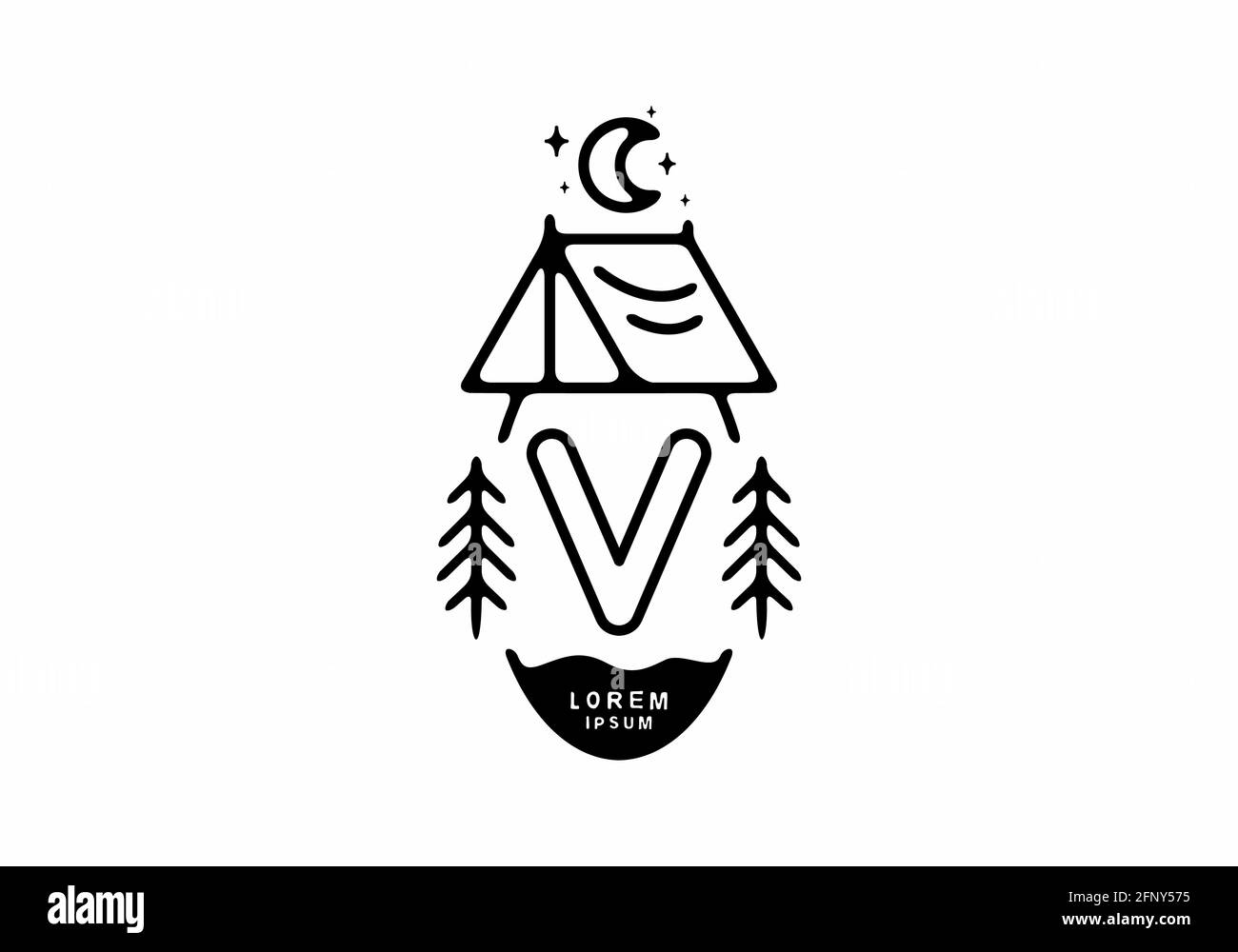 Illustrazione di una tenda da campeggio in linea nera con logo V disegno di lettera Illustrazione Vettoriale