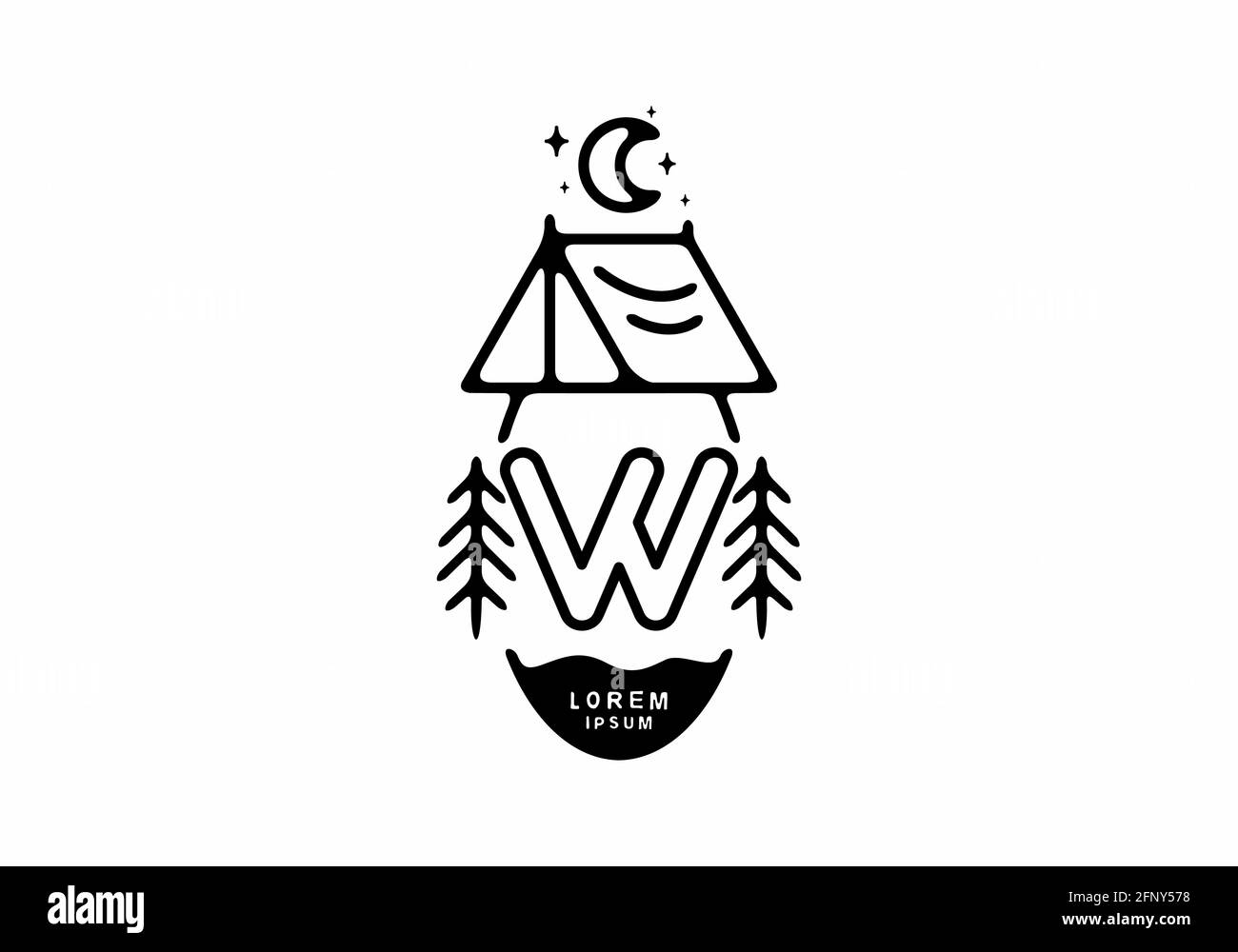 Illustrazione di una tenda da campeggio in linea nera con stemma W disegno di lettera Illustrazione Vettoriale