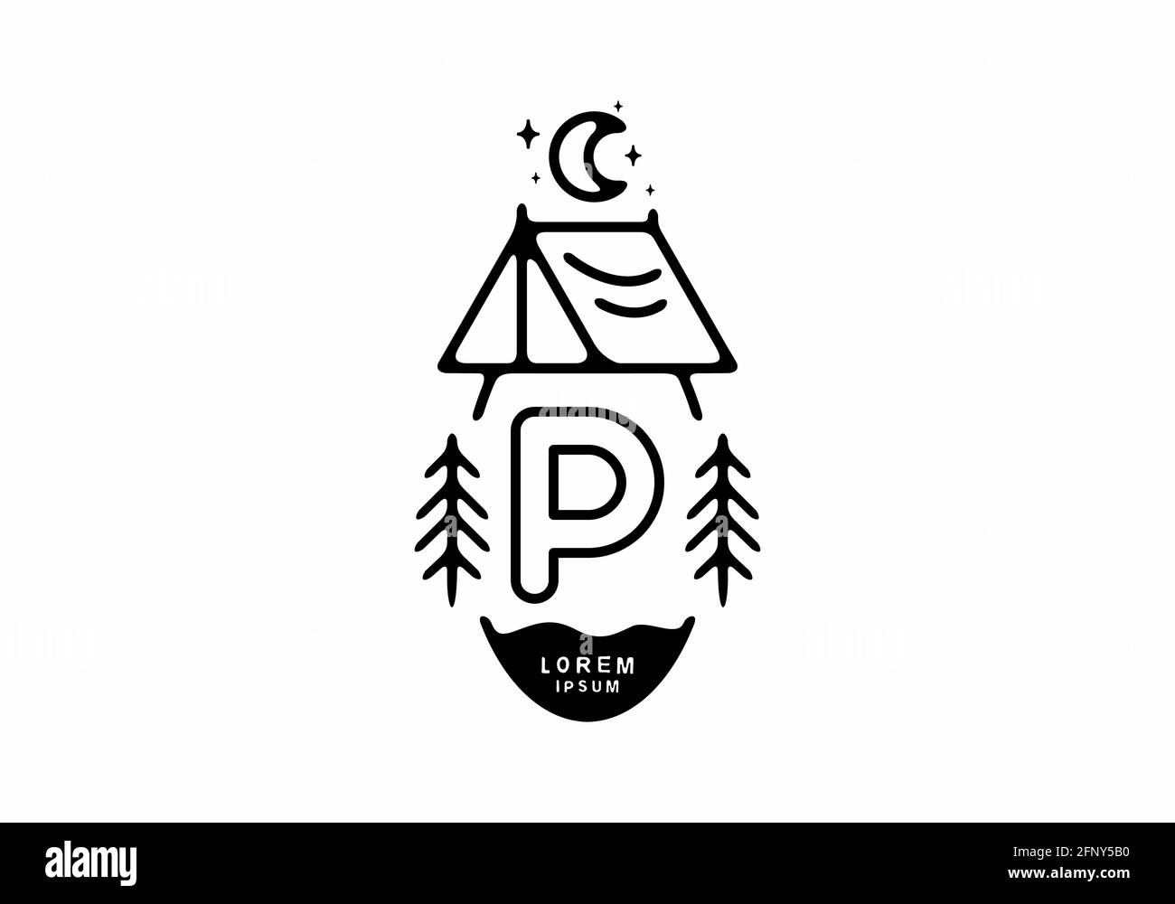 Illustrazione di una tenda da campeggio in linea nera con logo P disegno di lettera Illustrazione Vettoriale