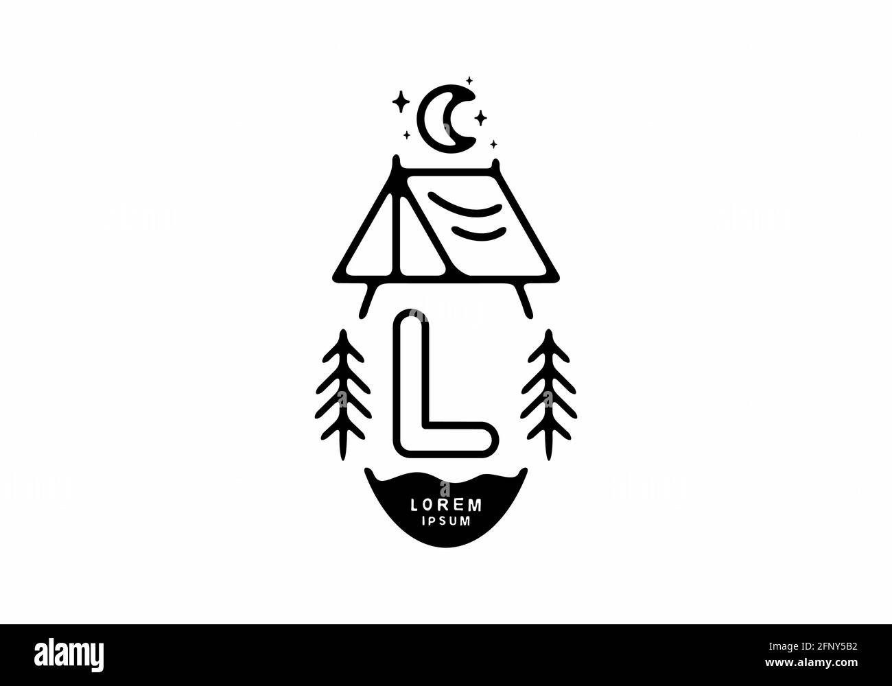 Illustrazione di una tenda da campeggio in linea nera con logo L disegno di lettera Illustrazione Vettoriale
