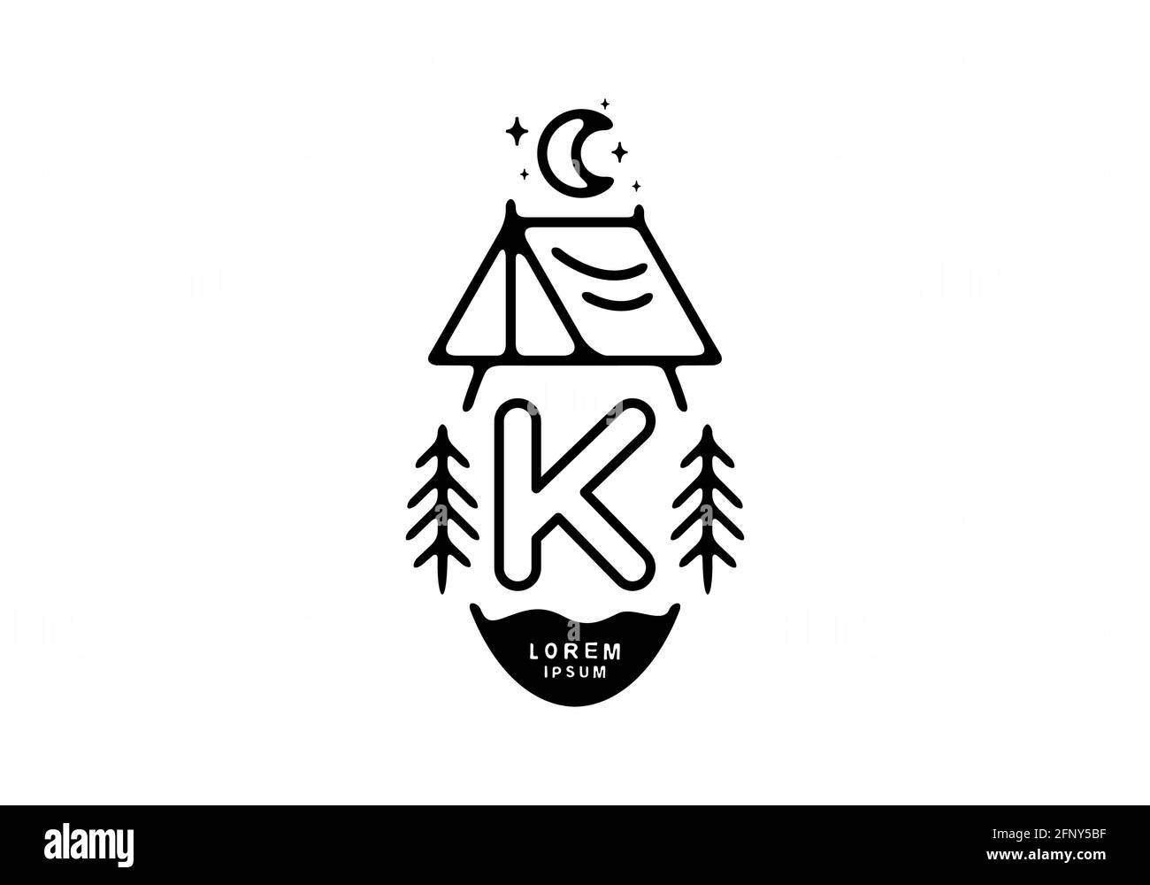 Illustrazione di una tenda da campeggio con logo K disegno di lettera Illustrazione Vettoriale