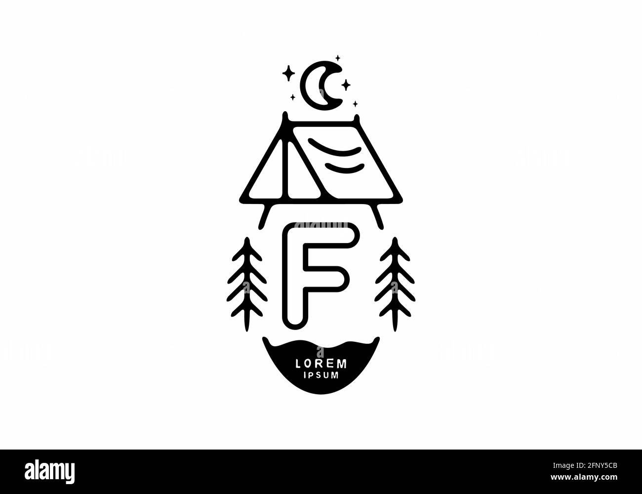 Illustrazione di una tenda da campeggio in linea nera con stemma F disegno di lettera Illustrazione Vettoriale