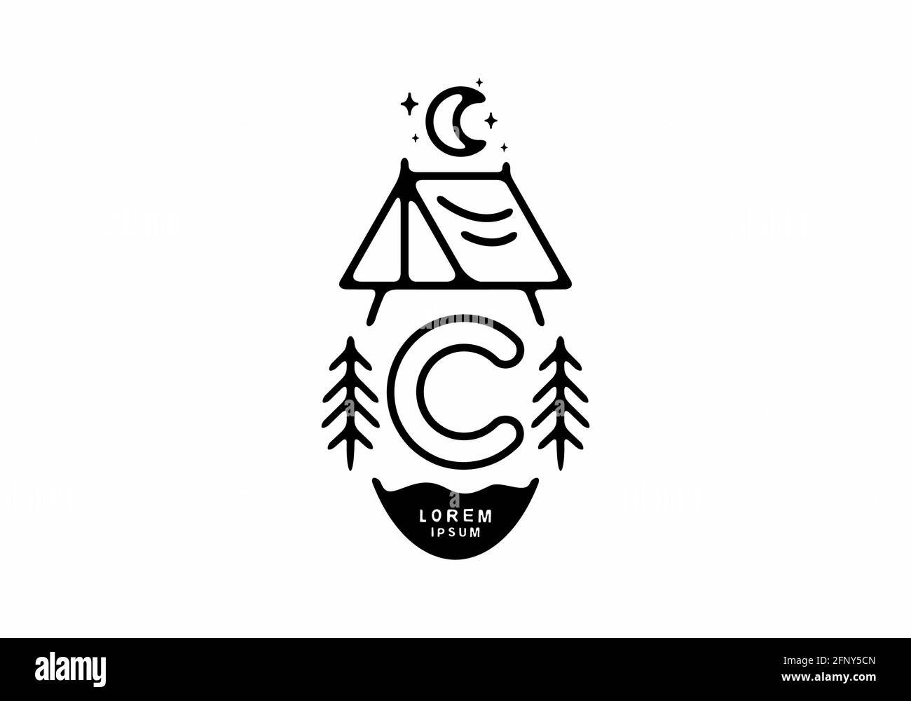 Illustrazione di una tenda da campeggio in linea nera con stemma C disegno di lettera Illustrazione Vettoriale