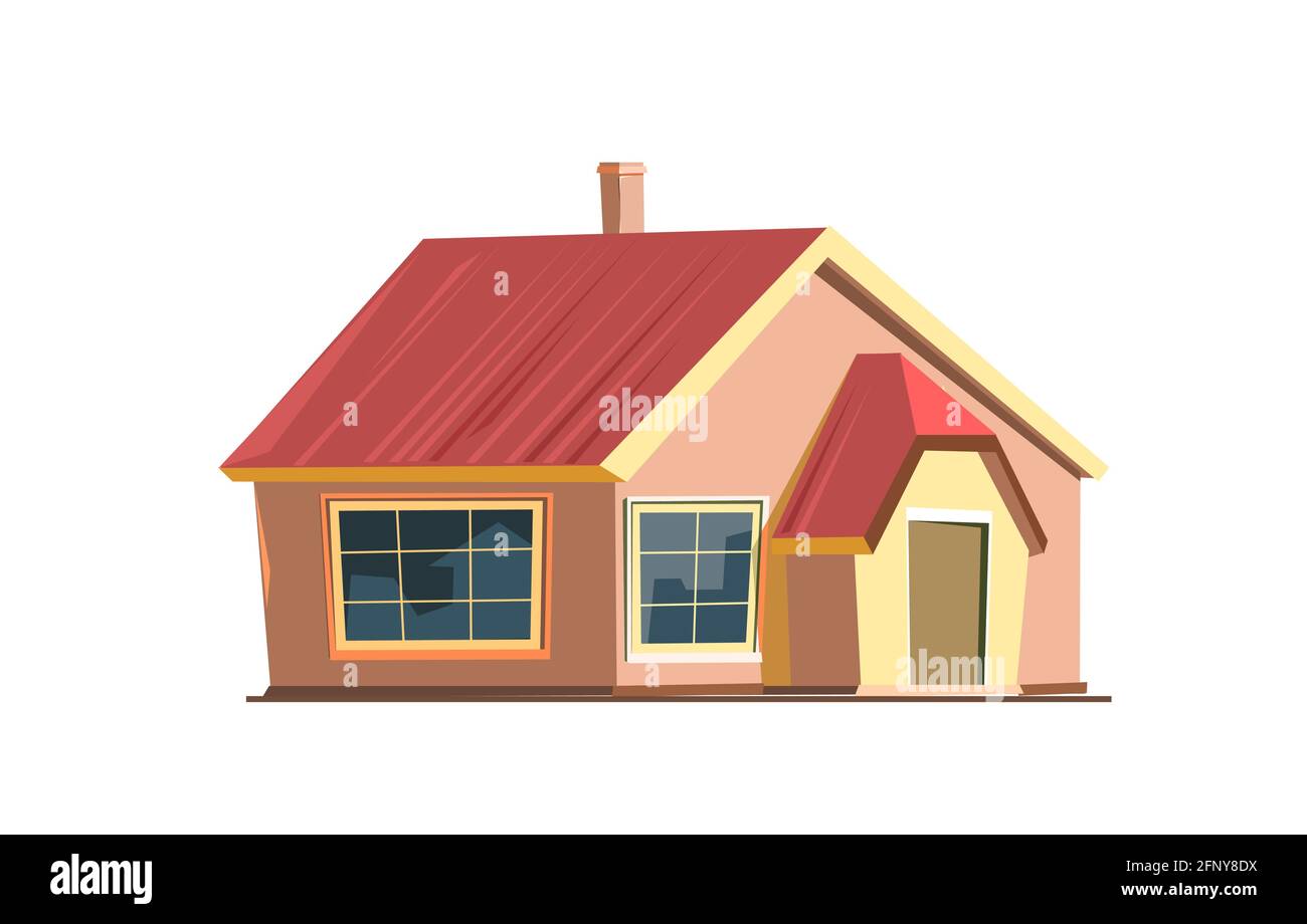 Casa rurale in un allegro cartone animato stile piatto. Isolato su sfondo bianco. Mezzo giro. Tetto rosso a tegole. Piccolo e intimo cottage suburbano. Villaggio rurale Illustrazione Vettoriale