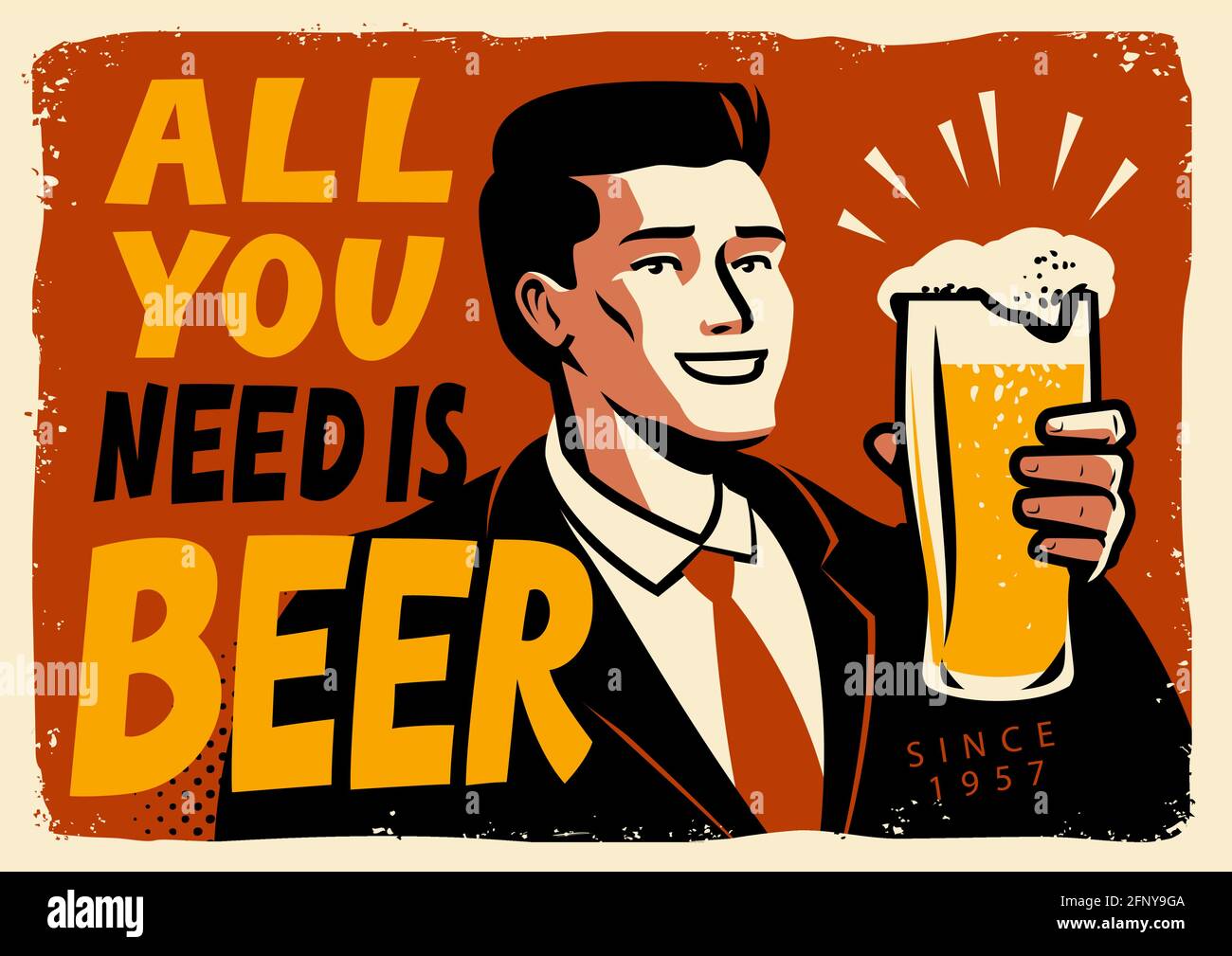 Poster della birra retrò. Insegna vintage che fa pubblicità alla birra fredda. Illustrazione vettoriale del concetto pub Illustrazione Vettoriale