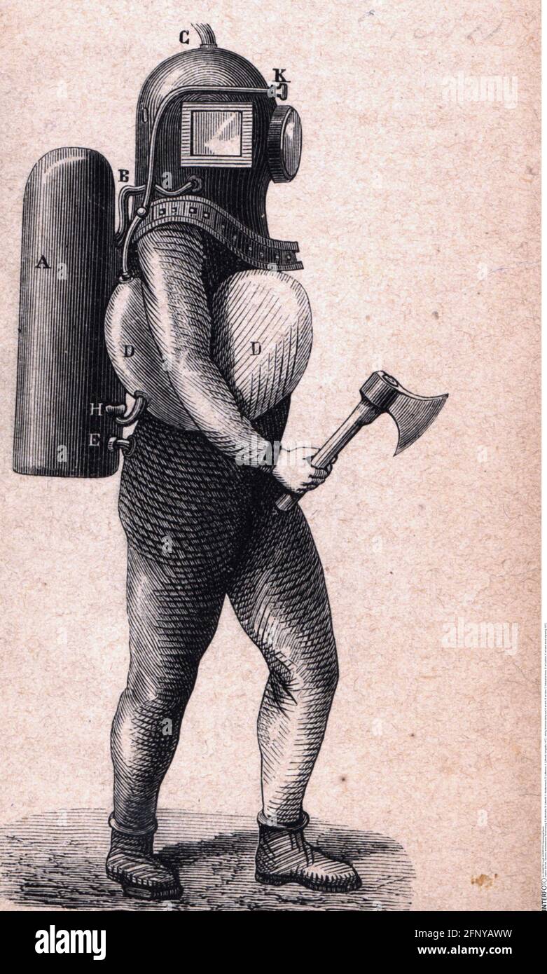 Diving, costume da immersione americano, A: Serbatoio dell'aria, B: Valvola dell'aria, C: Tubo dell'aria di scarico, D: CUSCINO D'ARIA, INFORMAZIONI-GIOCO-DIRITTI-AGGIUNTIVI-NON-DISPONIBILI Foto Stock