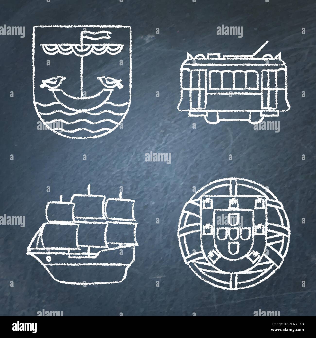 Collezione di icone portoghesi sulla lavagna. Set di simboli tradizionali, tra cui stemma portoghese, nave a vela, tram di Lisbona e emblema di Lisbona. Ve Illustrazione Vettoriale