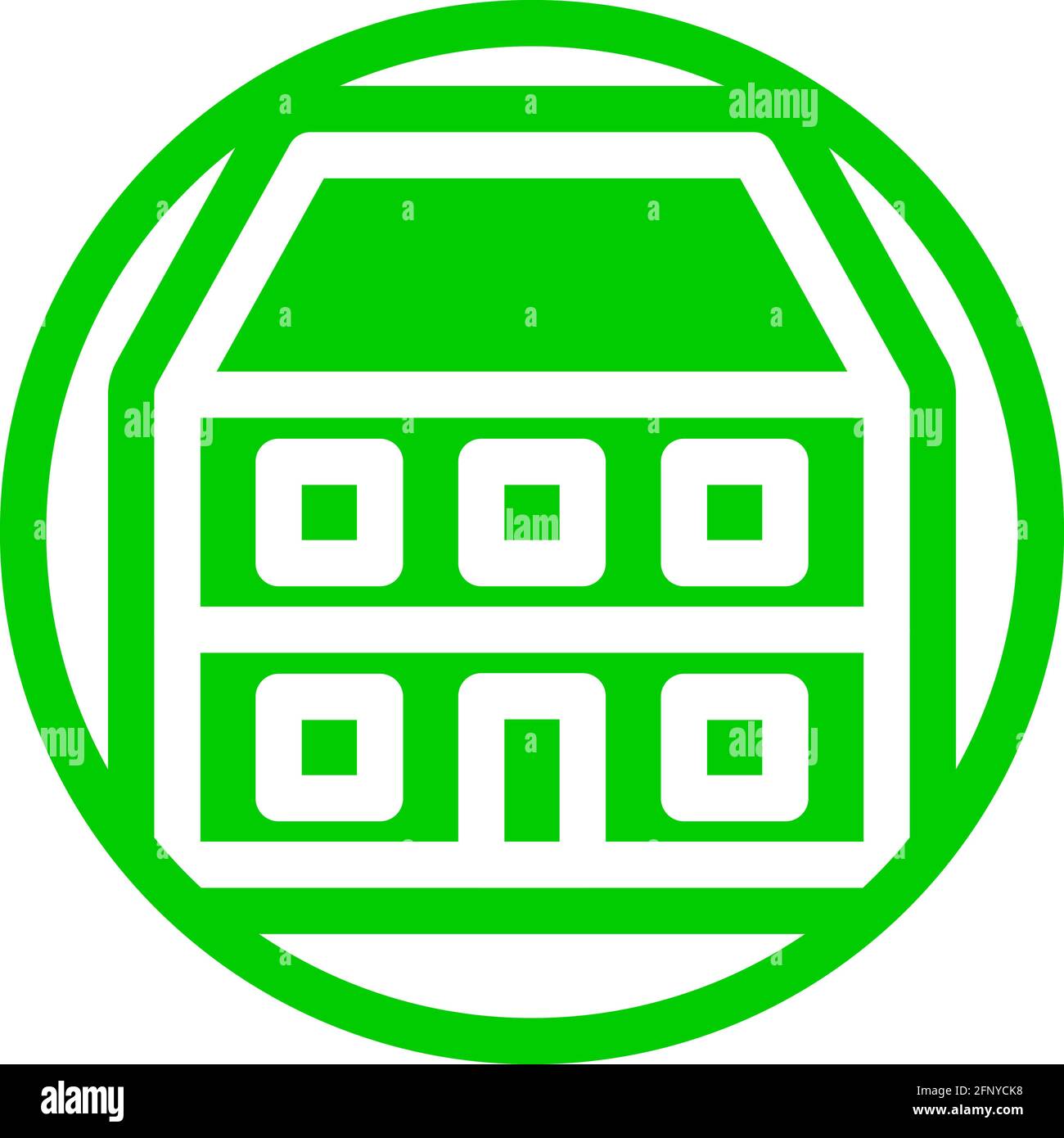 Icona appartamento in design piatto con colore verde e contorno su uno sfondo circolare linea. Illustrazione Vettoriale
