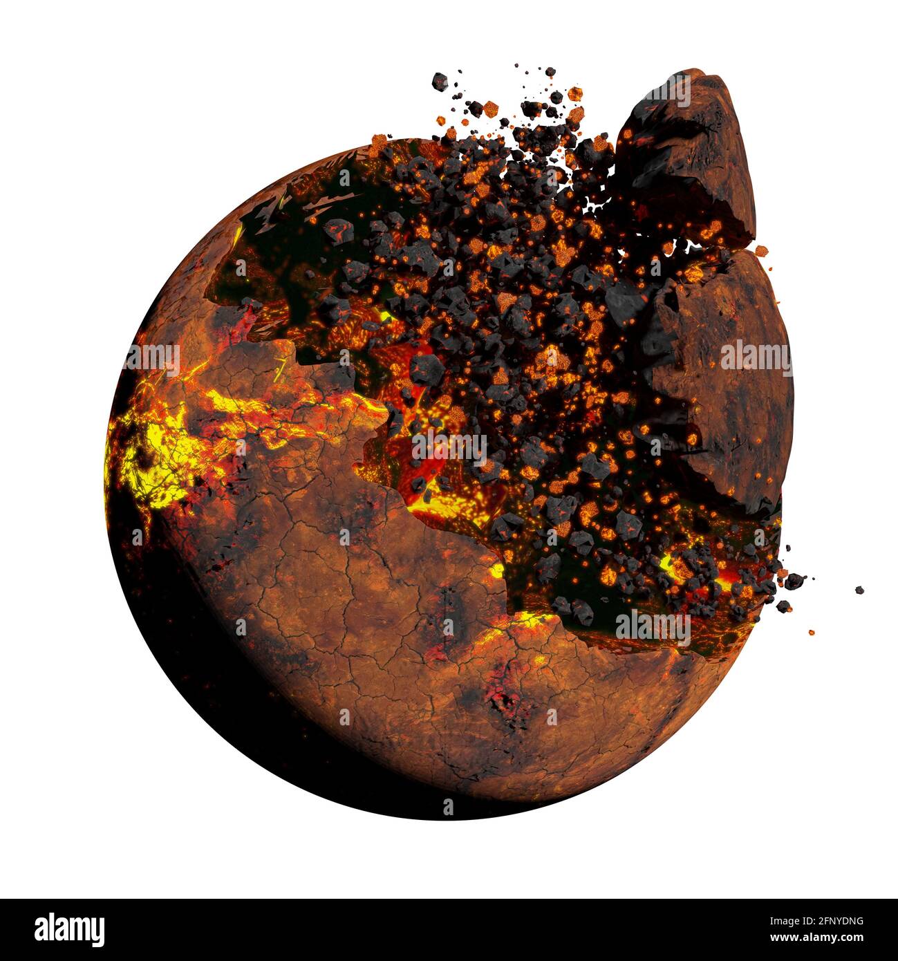 apocalisse planetaria, esplosione aliena isolata su sfondo bianco (illustrazione scientifica 3d) Foto Stock