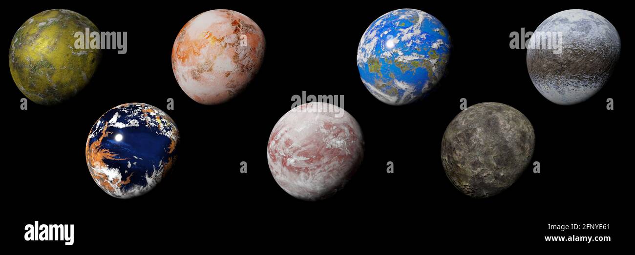 insieme di pianeti alieni isolati su sfondo nero, nelle vicinanze esopaneti (banner di illustrazione della scienza 3d) Foto Stock