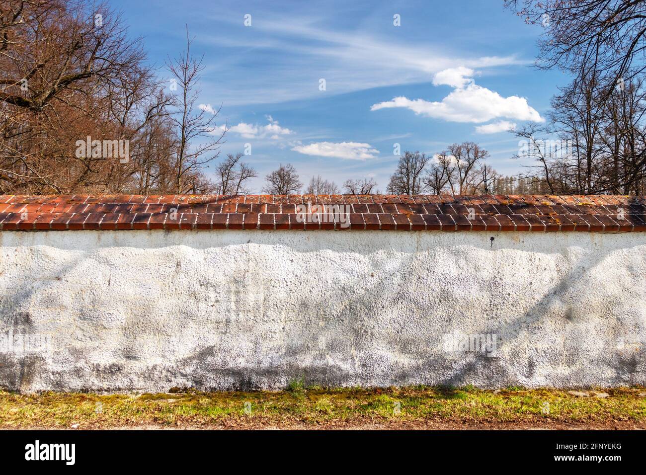 parete bianca, giardino e cielo blu sullo sfondo Foto Stock
