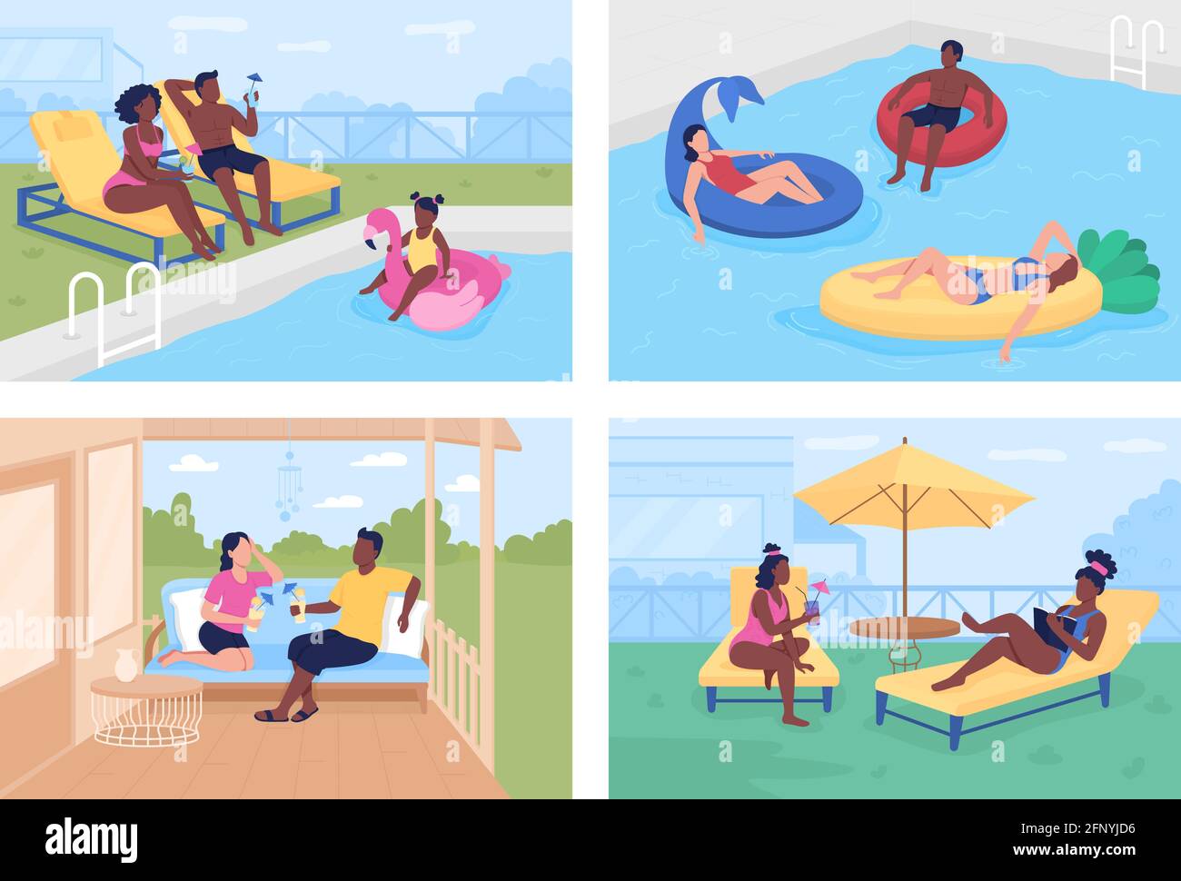 L'estate è conveniente e tratta il set di illustrazioni vettoriali a colori piatte Illustrazione Vettoriale