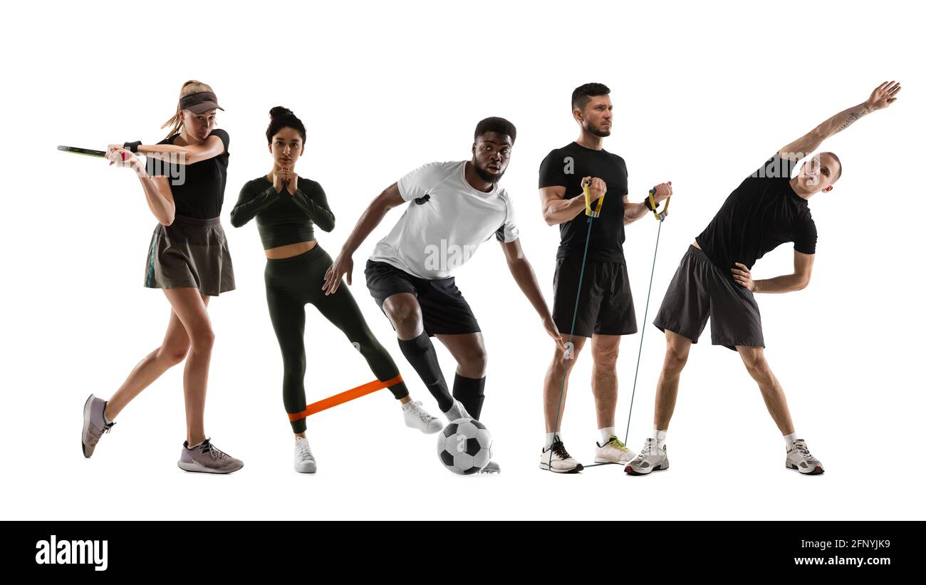 Collage di diversi sportivi professionisti, fit persone in azione e movimento isolato su sfondo bianco. Volantino. Foto Stock