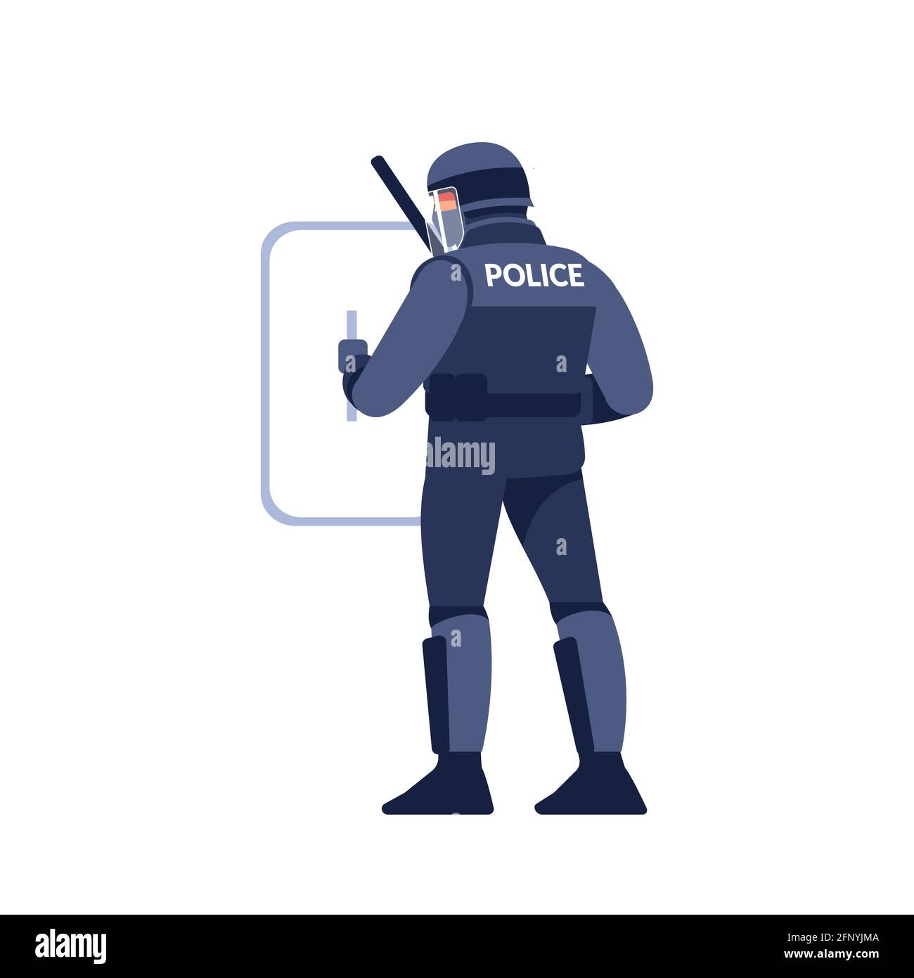 Poliziotto in uniforme, casco con scudo e bastone. Disegno vettoriale di stile piatto del cartone animato isolato su sfondo bianco Illustrazione Vettoriale