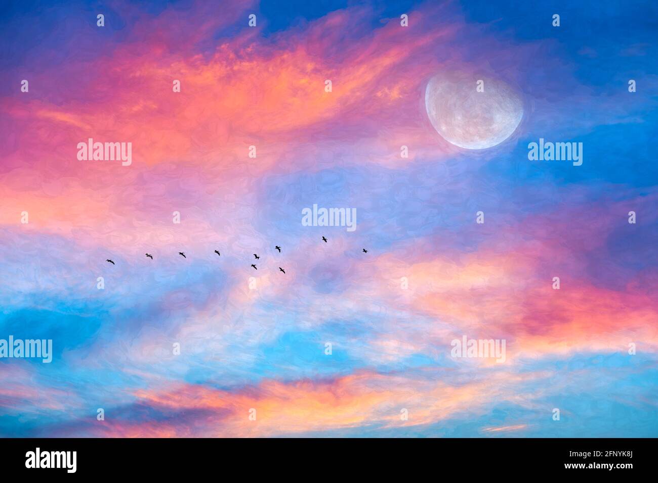 La Luna sta risplendo nel cielo di tramonto come UN Flock of Birds stanno volando sopra le nuvole in UN Formato stile di pittura Foto Stock