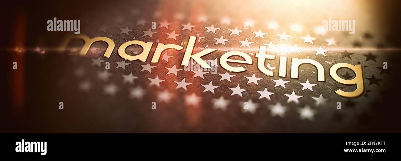 MARKETING - Parola d'oro di lusso su sfondo scuro sfocato con stelle. Testo dorato brillante in raggi e sole Glare. Rendering 3D. Concetto di servizio. Foto Stock