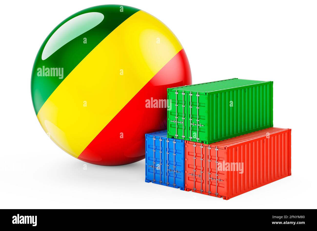 Container con bandiera congolese. Spedizione merci in Congo, 3D rendering isolato su sfondo bianco Foto Stock