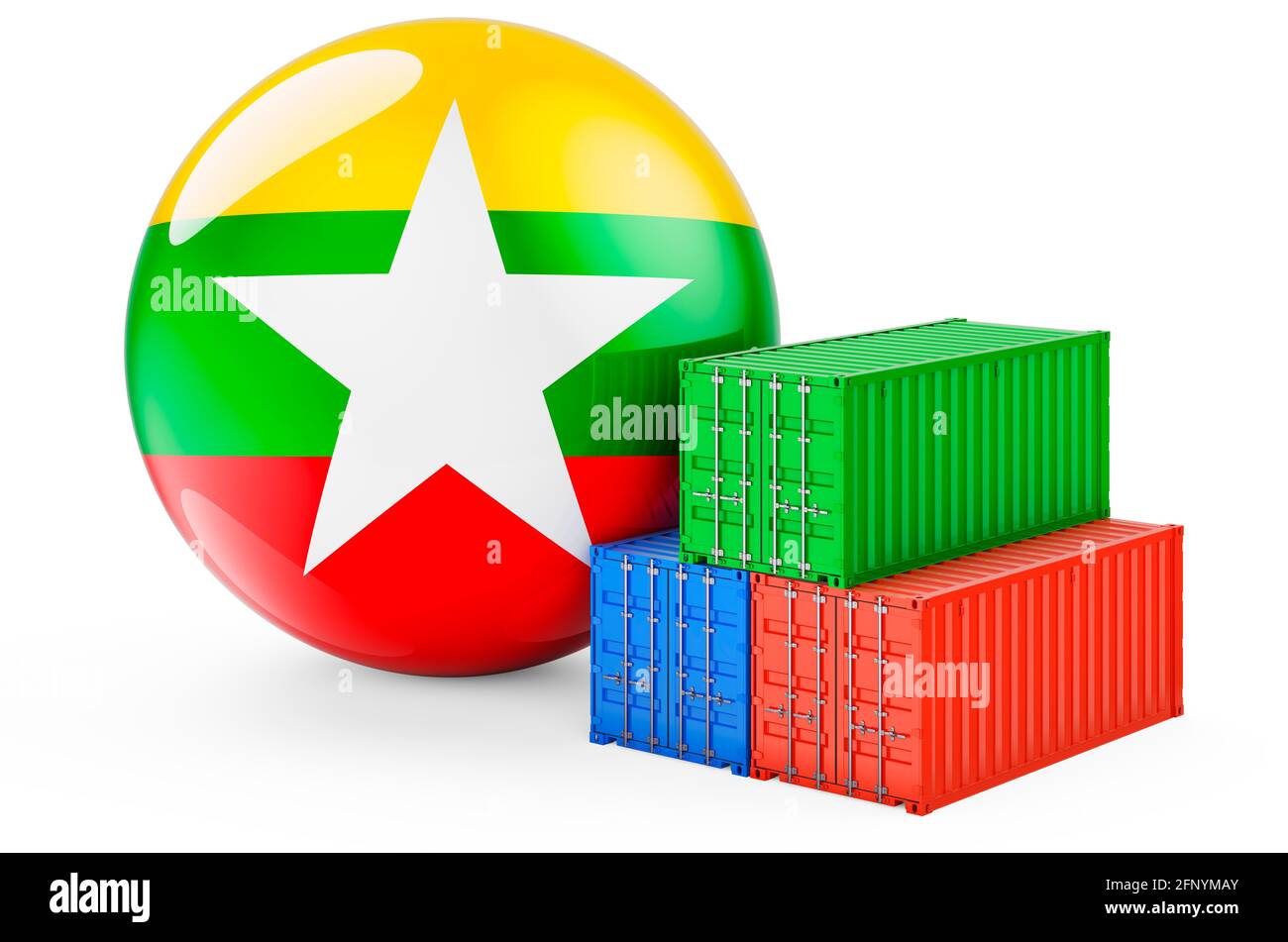 Container con bandiera Myanmar. Spedizione di merci in Myanmar, 3D rendering isolato su sfondo bianco Foto Stock