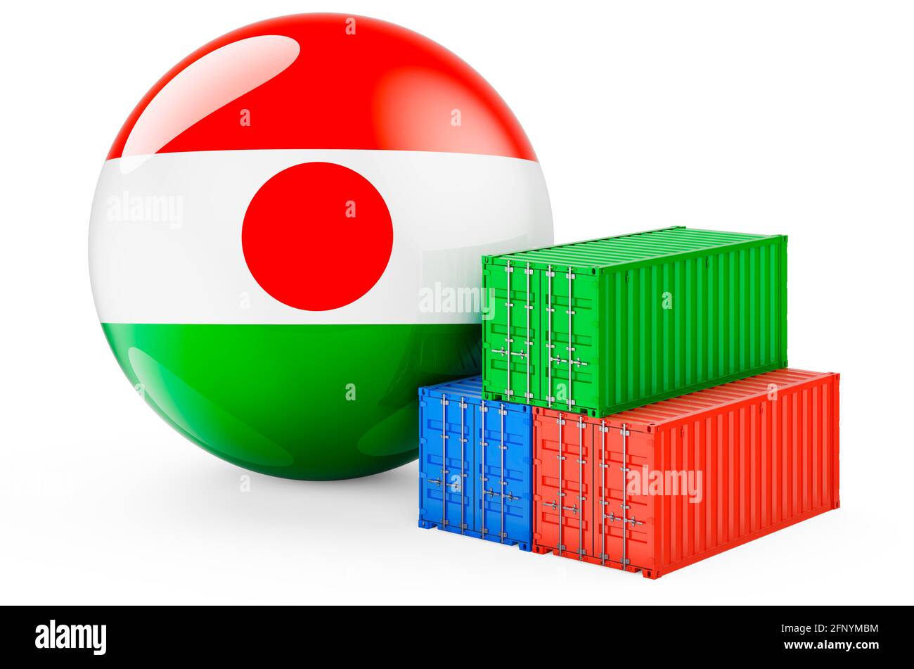 Contenitori di carico con bandiera Niger. Spedizione merci in Niger, rendering 3D isolato su sfondo bianco Foto Stock