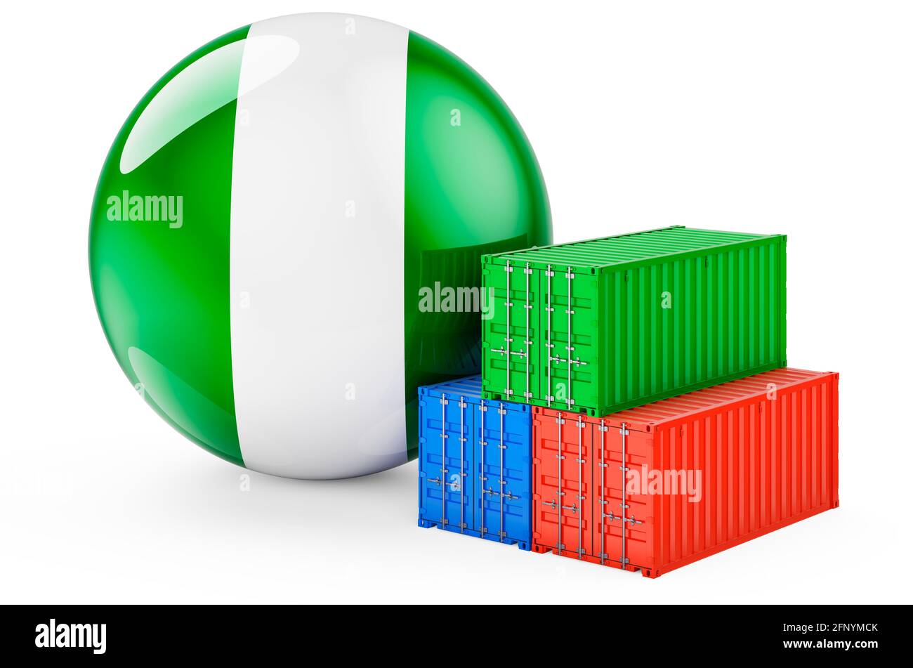 Container con bandiera nigeriana. Spedizione merci in Nigeria, rendering 3D isolato su sfondo bianco Foto Stock