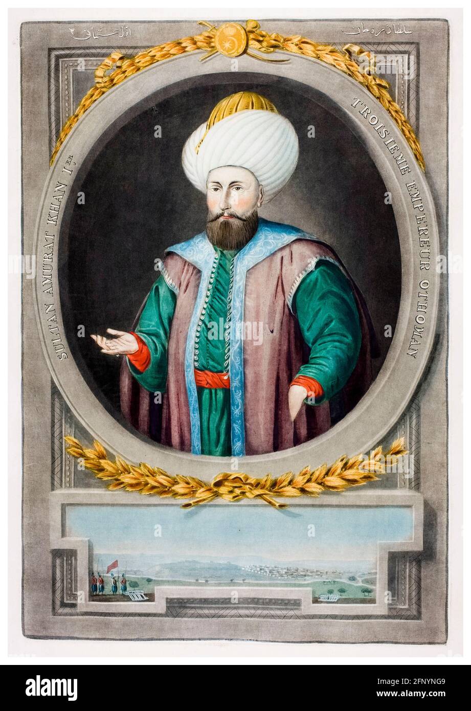 Murad i di Turchia (1326-1389), terzo sultano dell'Impero Ottomano, (1360-1389), incisione ritratto di John Young, 1815 Foto Stock