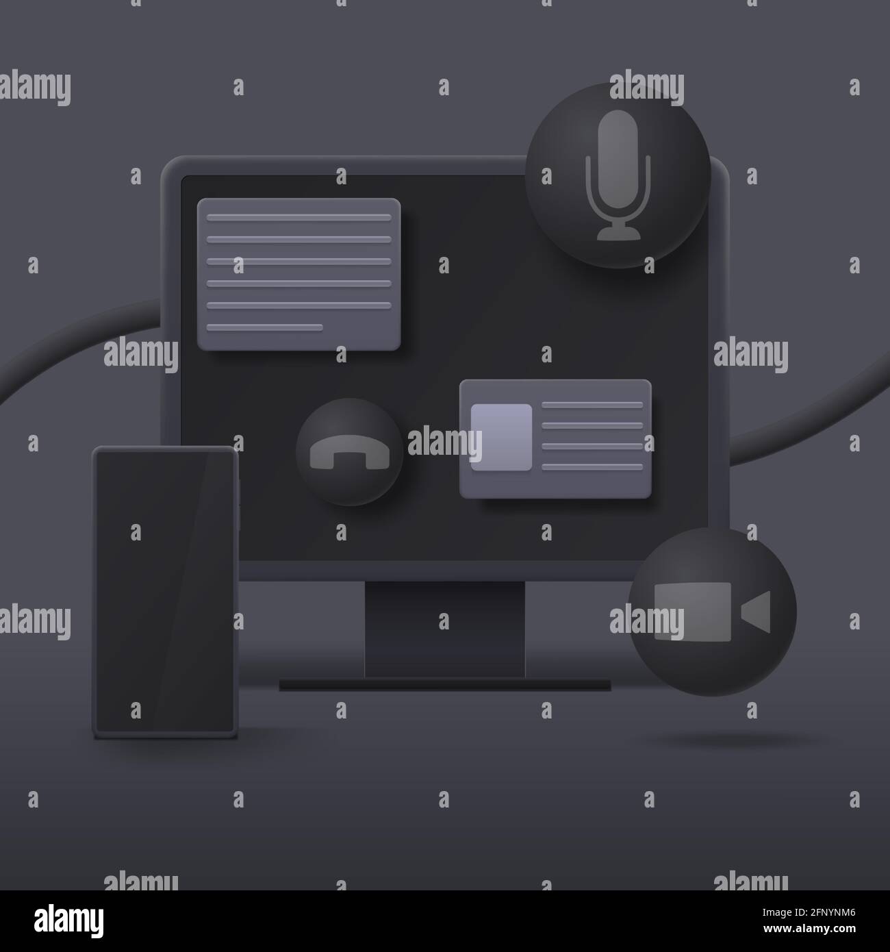 Computer e smartphone in stile 3D su sfondo scuro. Il concetto di lavorare e comunicare su Internet. Illustrazione vettoriale. Illustrazione Vettoriale