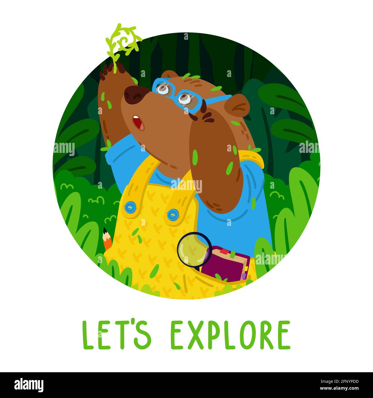 Cute orsetto botanico in occhiali, esplora nuove piante. Giardinaggio grizzly. Animale nella foresta. Illustrazione vettoriale per bambini per libri e vivaio p Illustrazione Vettoriale