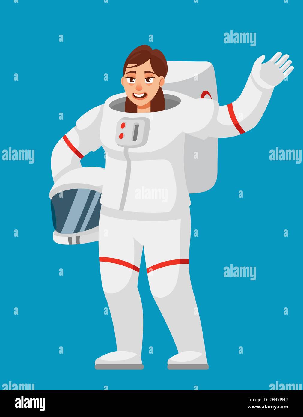 Astronauta femminile che agitando la mano. Donna in stile cartoon. Illustrazione Vettoriale
