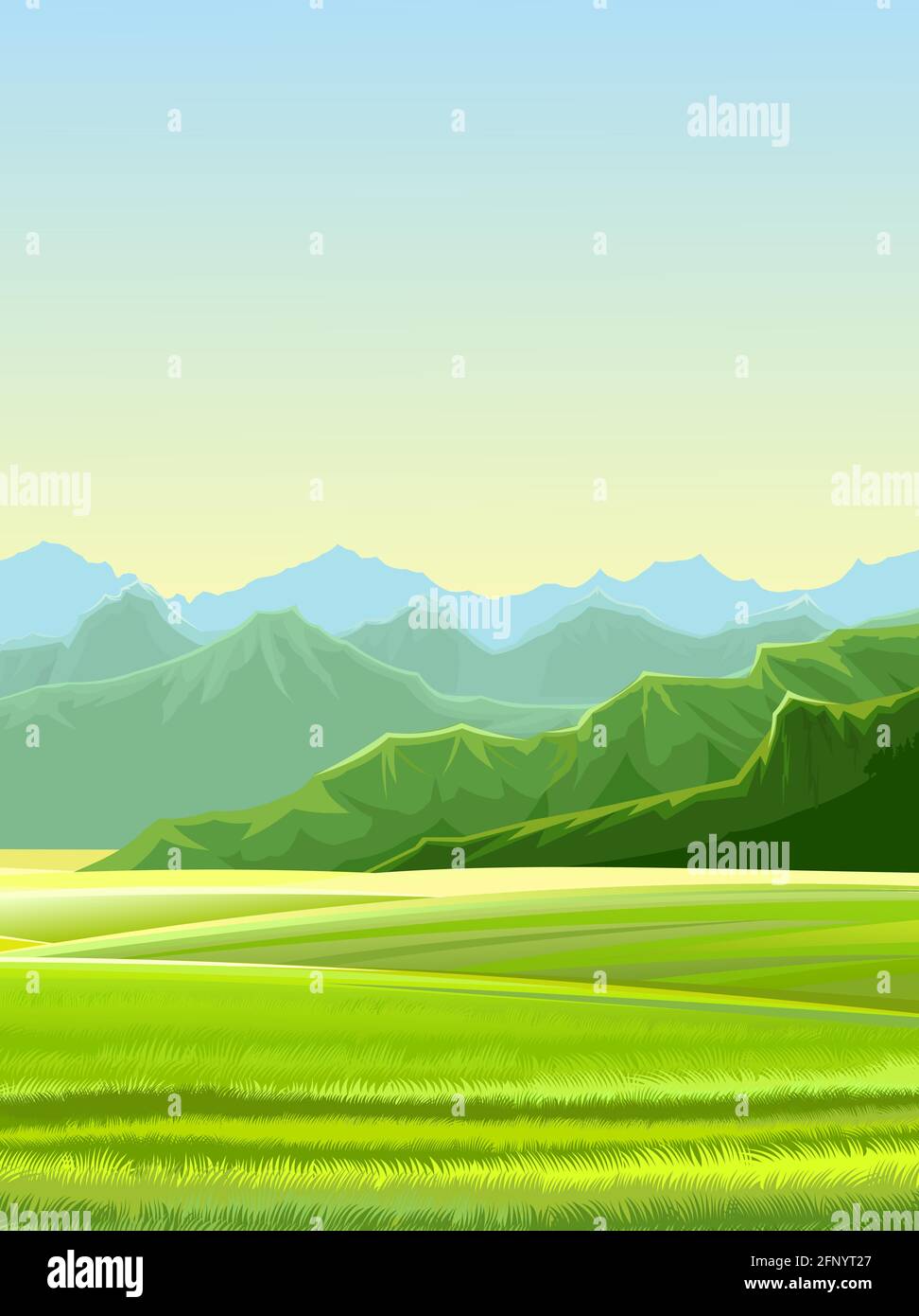 Paesaggio rurale. Colline e prati. Pascoli e terreni agricoli. Splendida vista sulla natura. L'orizzonte è lontano. Terreno agricolo di campagna. Illustrazione. Vettore Illustrazione Vettoriale