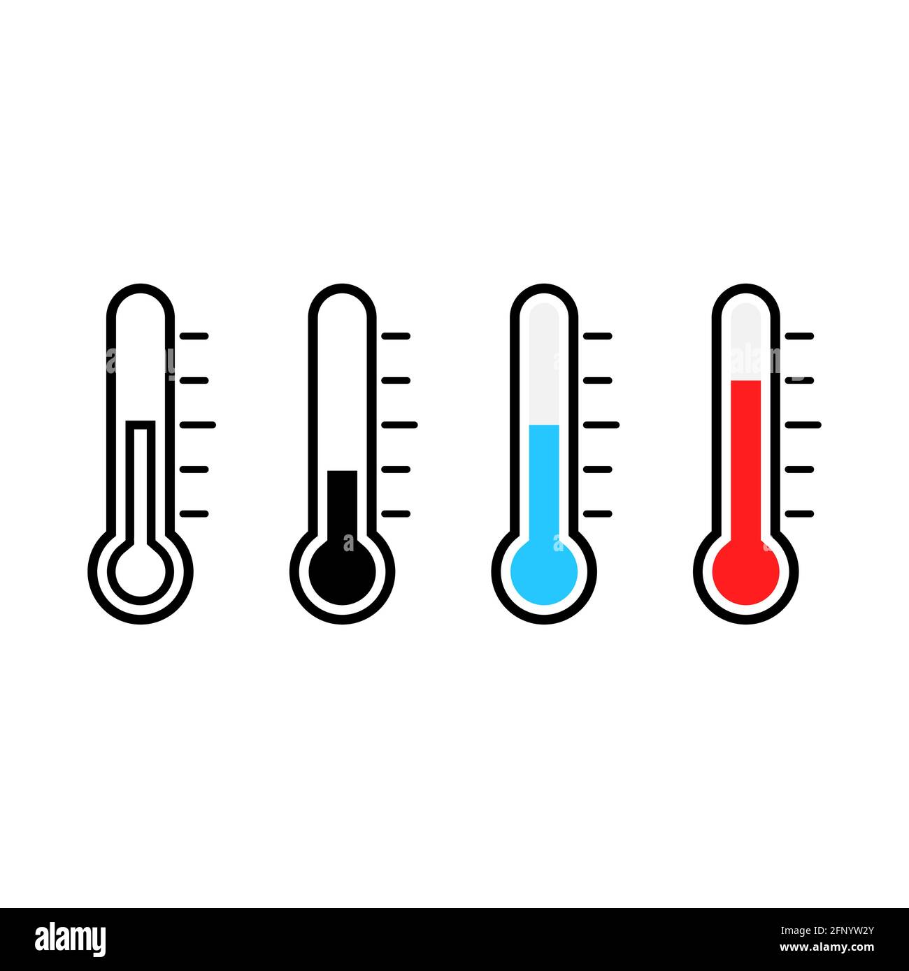 Set di icone del termometro. Raccolta dello strumento di misurazione. Termometro con contorno blu, rosso, nero. Illustrazione Vettoriale