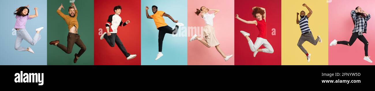 Ritratti di gruppi di persone su sfondo multicolore, collage. Foto Stock