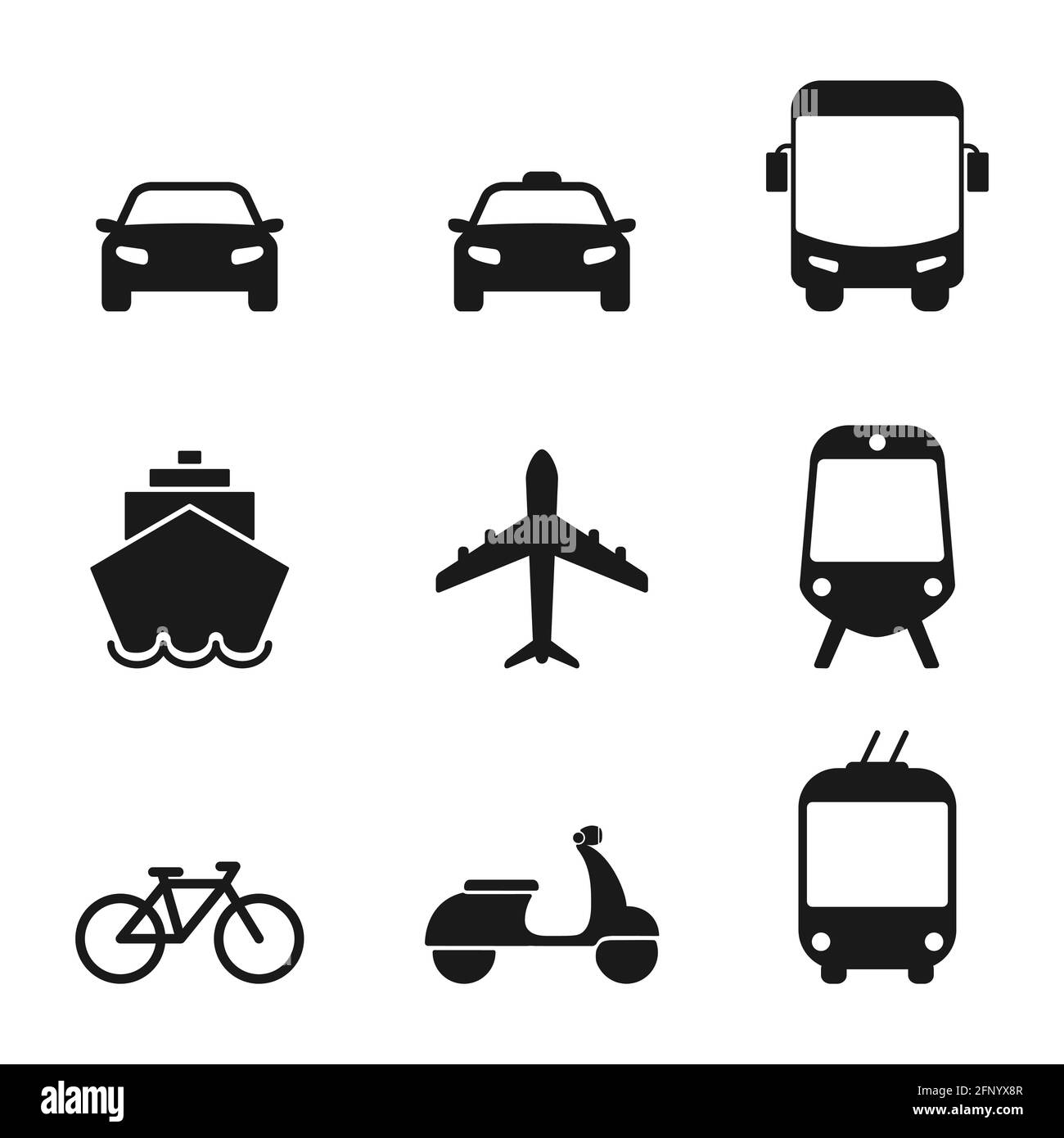 Set di icone per il trasporto. Taxi auto, aereo, autobus pubblico, bici, scooter, filobus, treno, nave e cartelli stradali Illustrazione Vettoriale