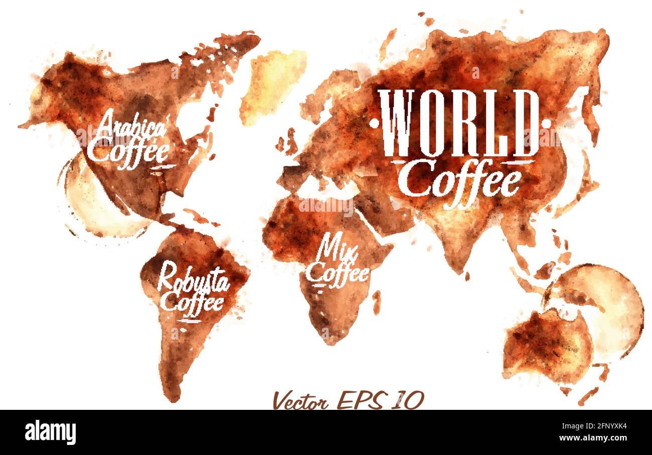Mappa del mondo del caffè estratto versare il caffè con l'iscrizione caffè arabica, caffè robusta con spruzzi e stampe blot Cup Illustrazione Vettoriale