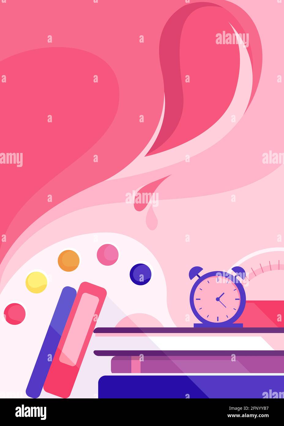 Modello poster con sveglia e libri. Arte di concetto della scuola Illustrazione Vettoriale