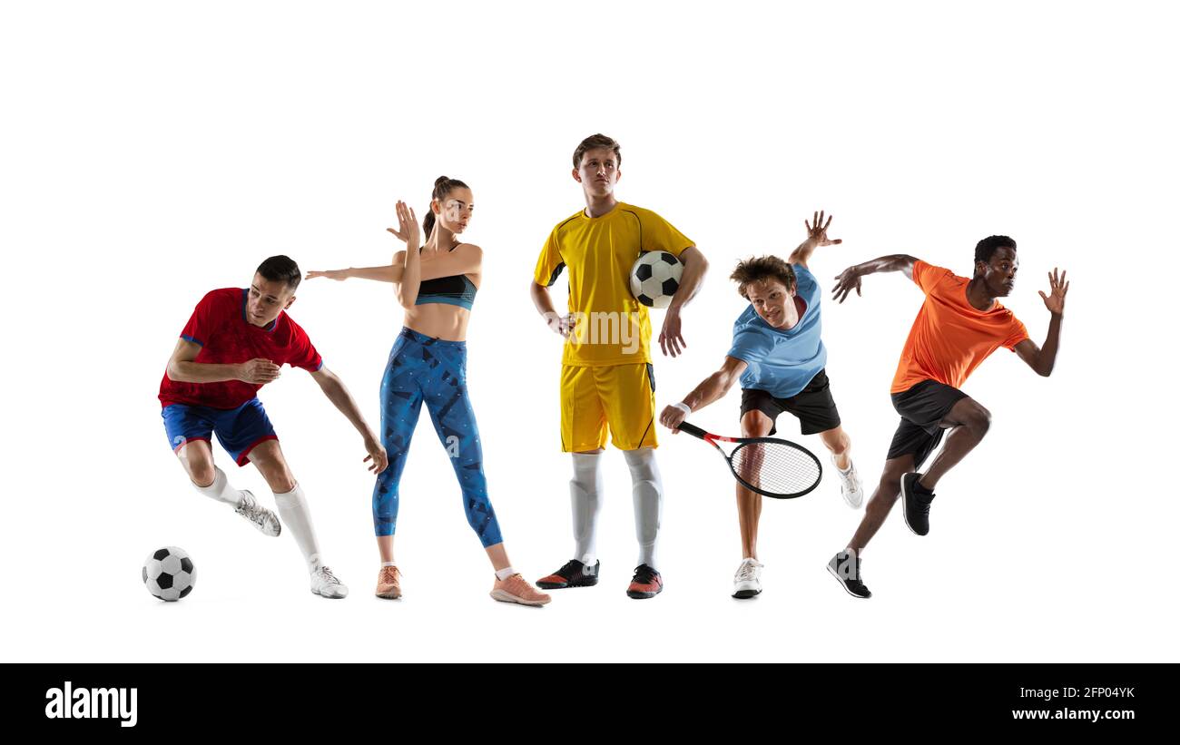 Collage di diversi sportivi professionisti, fit persone in azione e movimento isolato su sfondo bianco. Volantino. Foto Stock