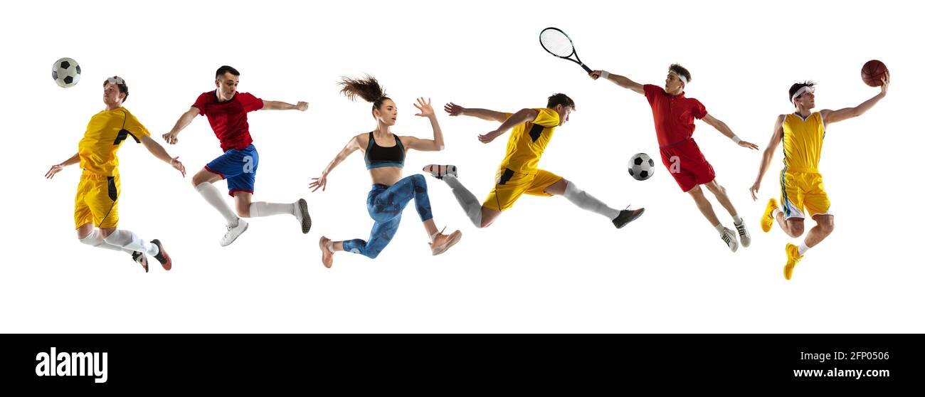 Collage di diversi sportivi professionisti, fit persone in azione e movimento isolato su sfondo bianco. Volantino. Foto Stock