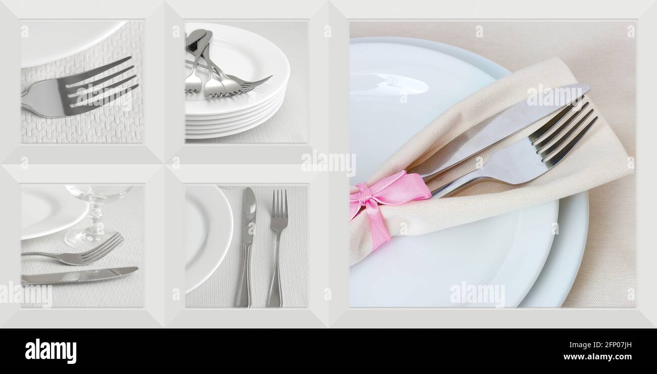 Piastra per alimenti e forchetta immagine in 3D per parete in ceramica uso di piastrelle e sfondo Foto Stock
