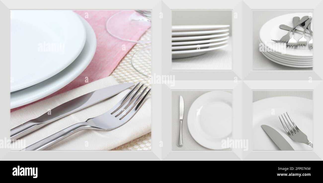 Piastra per alimenti e forchetta immagine in 3D per parete in ceramica uso di piastrelle e sfondo Foto Stock