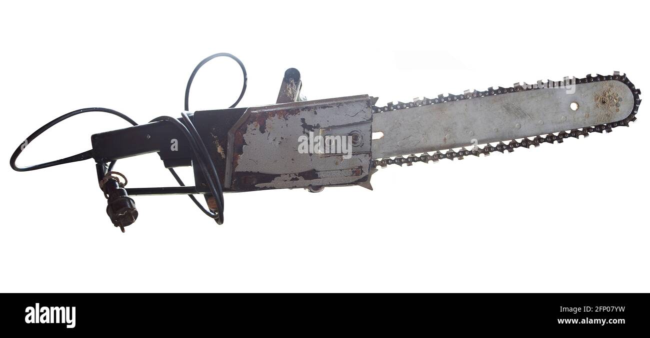 motosega elettrica per il taglio del legno isolata su fondo bianco Foto  stock - Alamy