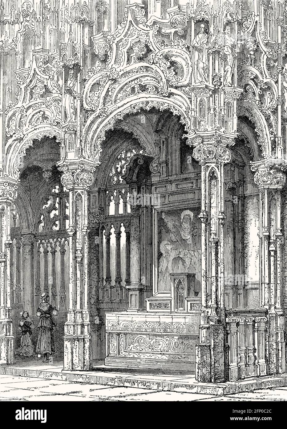 Il rood screen tardo gotico, 16 ° secolo da Stonemason J. Bertet, interni originali della Chiesa di San Nicola, Diksmuide, Fiandre Occidentali, 19 ° secolo Foto Stock