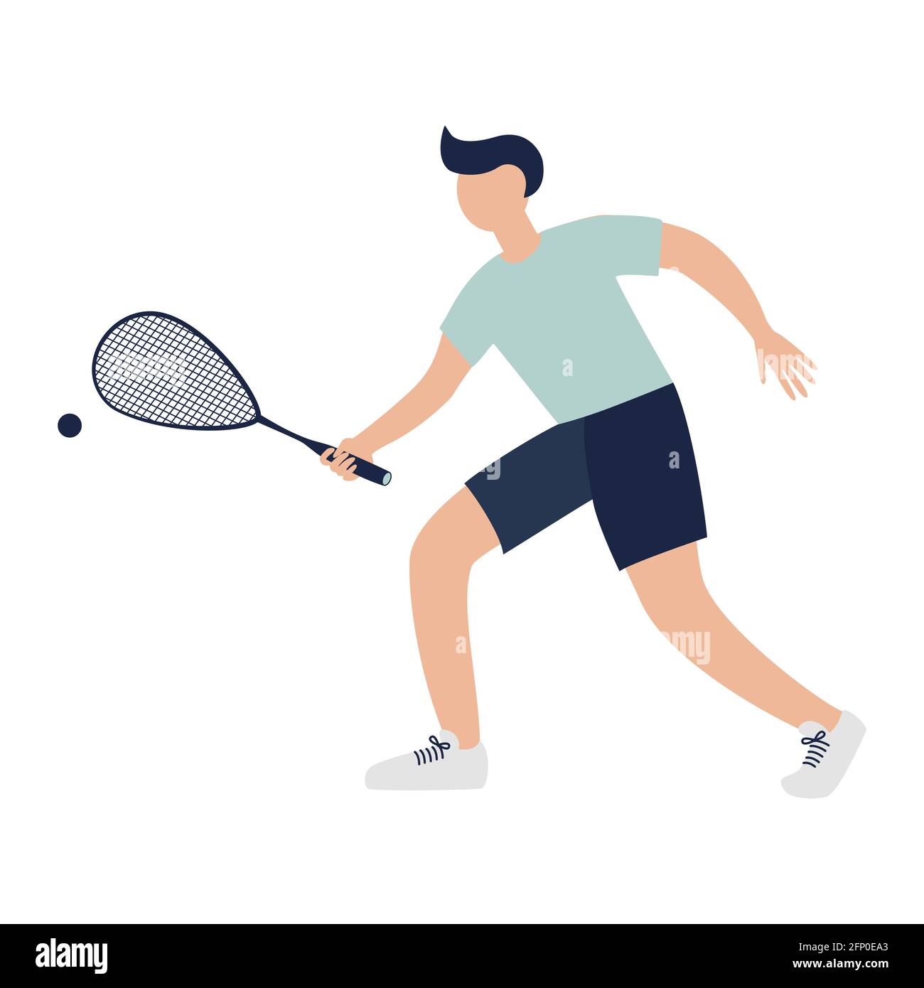 Concetto sportivo. Personaggio dell'atleta cartoon con una racchetta in mano, icona piatta Illustrazione Vettoriale