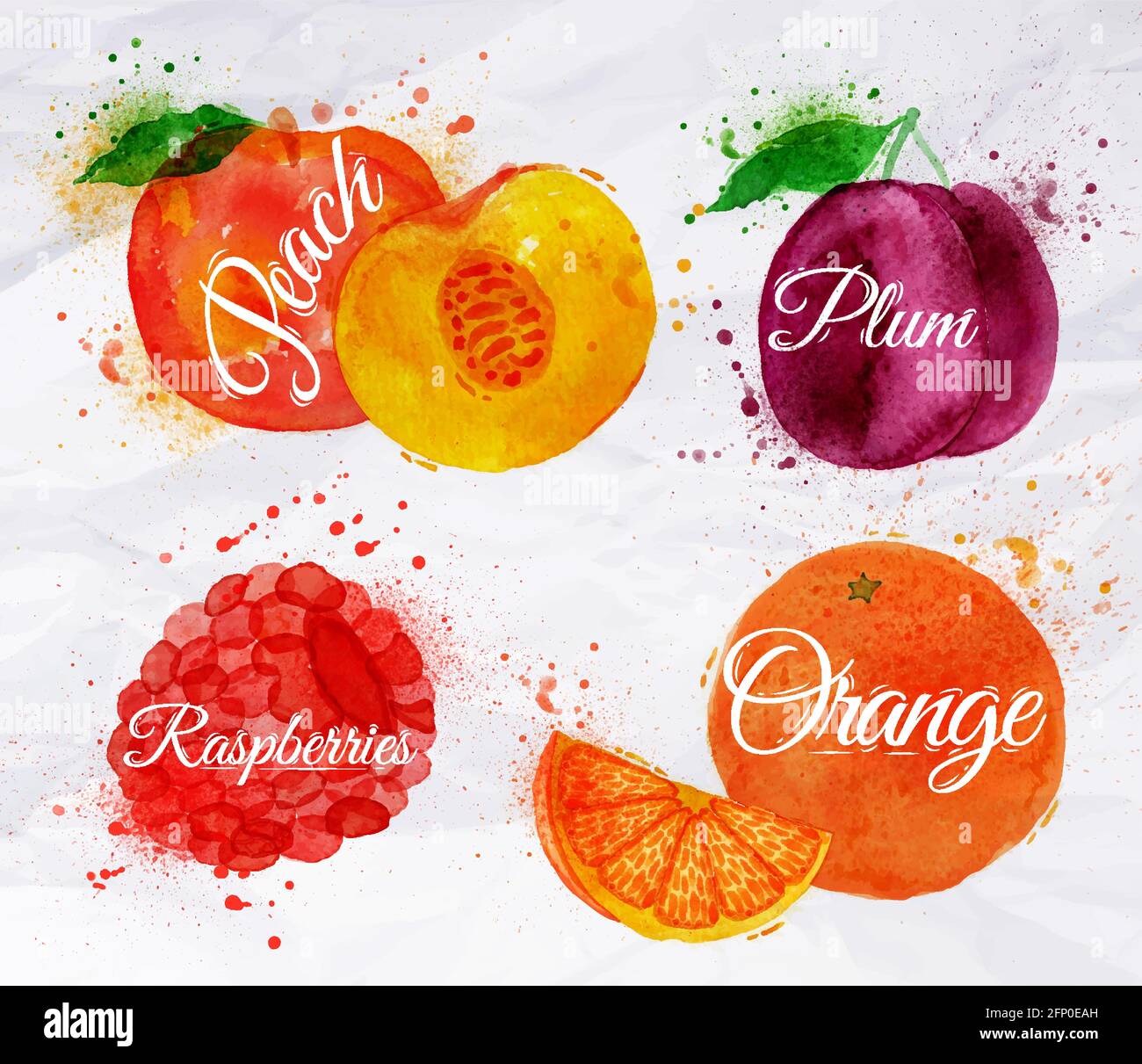 Set di frutta, acquerelli e macchie con uno spray di pesca, lampone, prugna, arancio Illustrazione Vettoriale