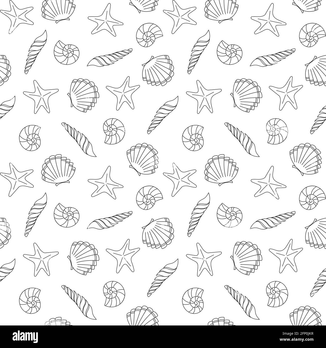 Vettore marino sfondo senza giunture da conchiglie e stelle disegnate a mano. Modello nautico con molluschi isolati su bianco. Illustrazione Vettoriale