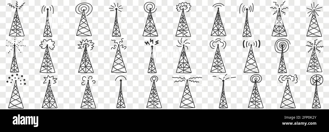 Abete tree con segnali sul set di doodle superiore. Raccolta di vari abeti disegnati a mano o fuori trasmissione di potenza segnali diversi sulla sommità in file isolate su sfondo trasparente Illustrazione Vettoriale