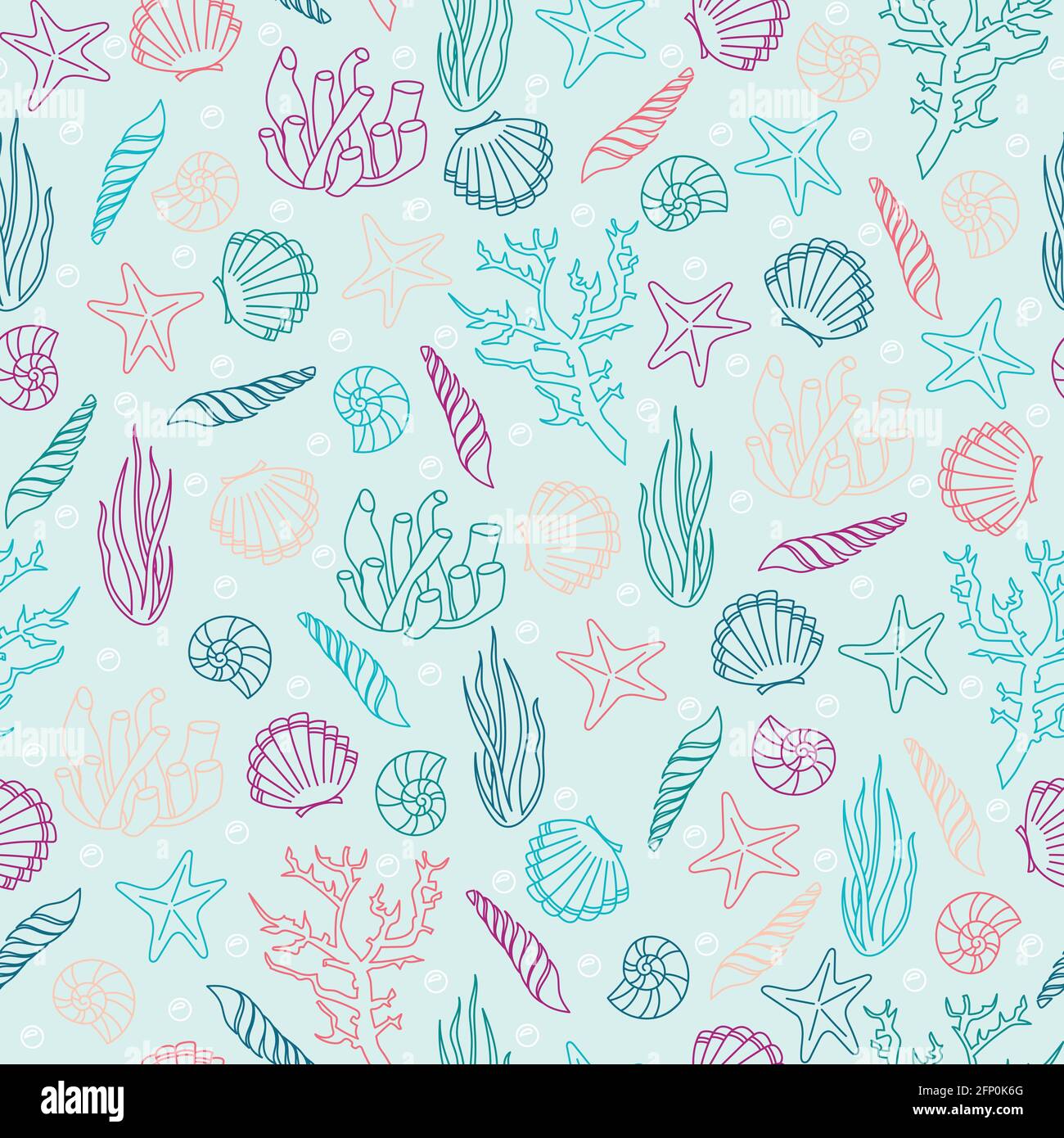Vettore marino sfondo senza giunture da conchiglie e stelle disegnate a mano. Modello nautico con molluschi isolati su bianco Illustrazione Vettoriale